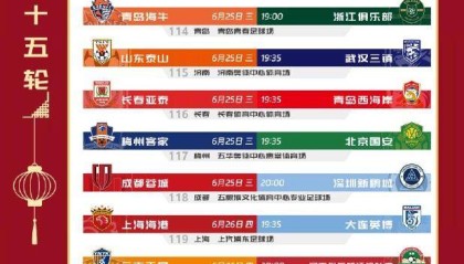2025中超赛程公布：首轮侯永永反戈 第5轮上海德比